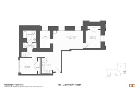 Floor plan for 2 beds, 1 bath, 1385 sqft